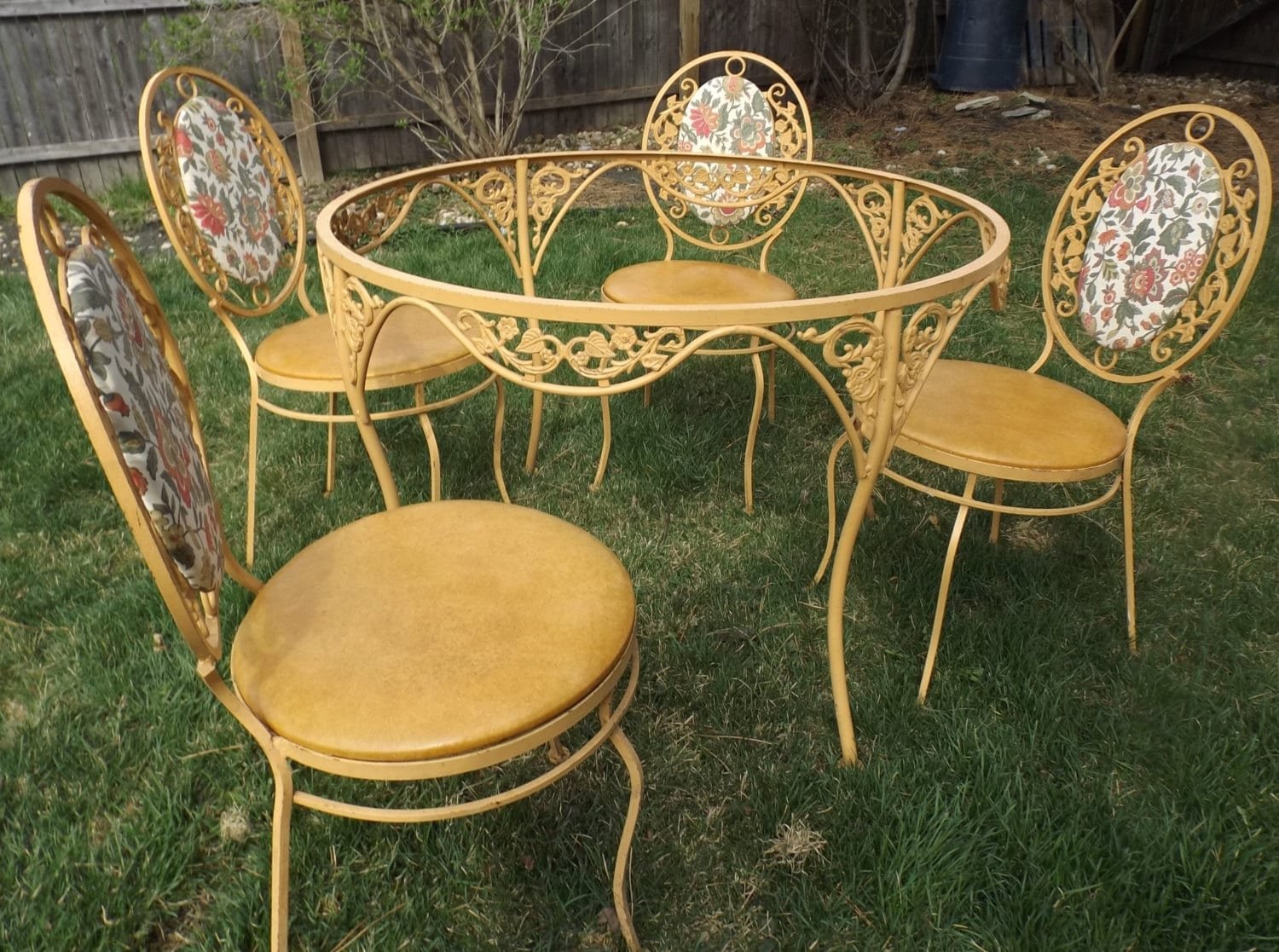 vintage wrought iron warm gold yellow patio set decorative table four