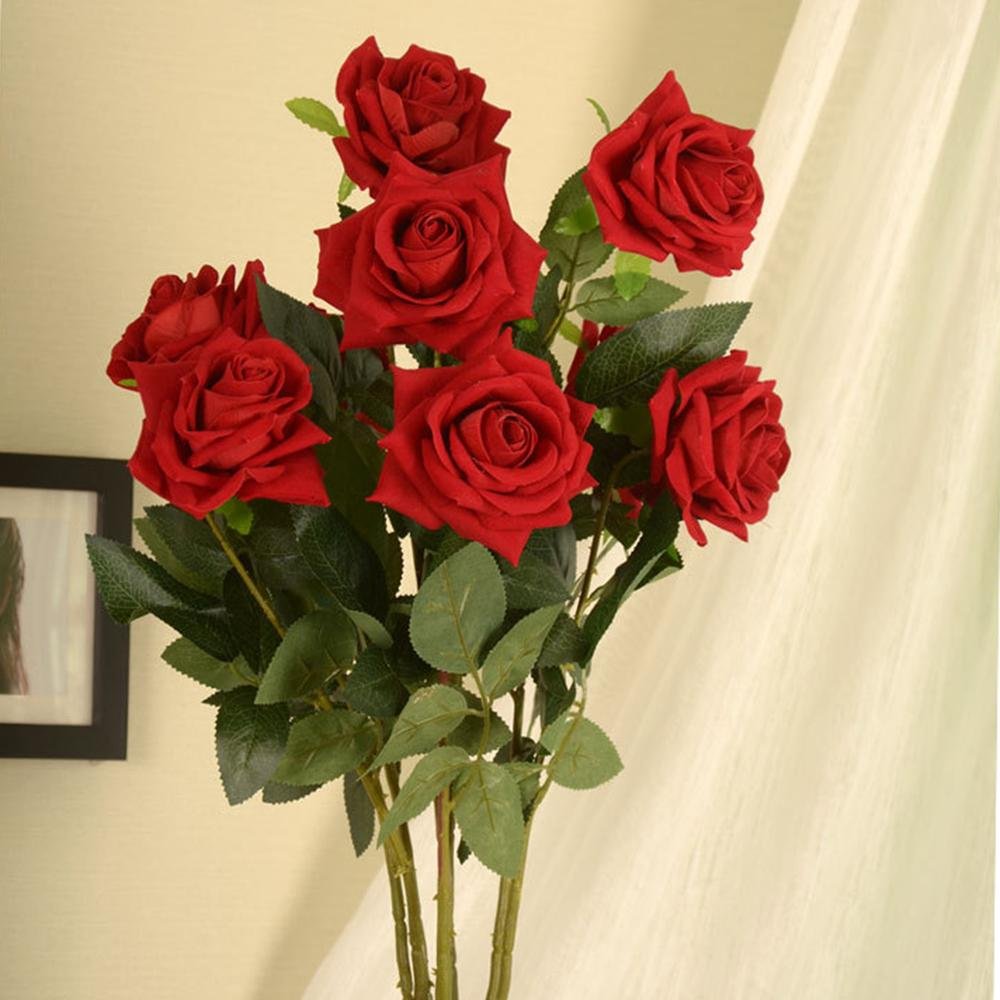 5pcs romantic lifelike artificial rose flower velvet red rose with green  leaf diy bouquets for party home wedding holiday decor