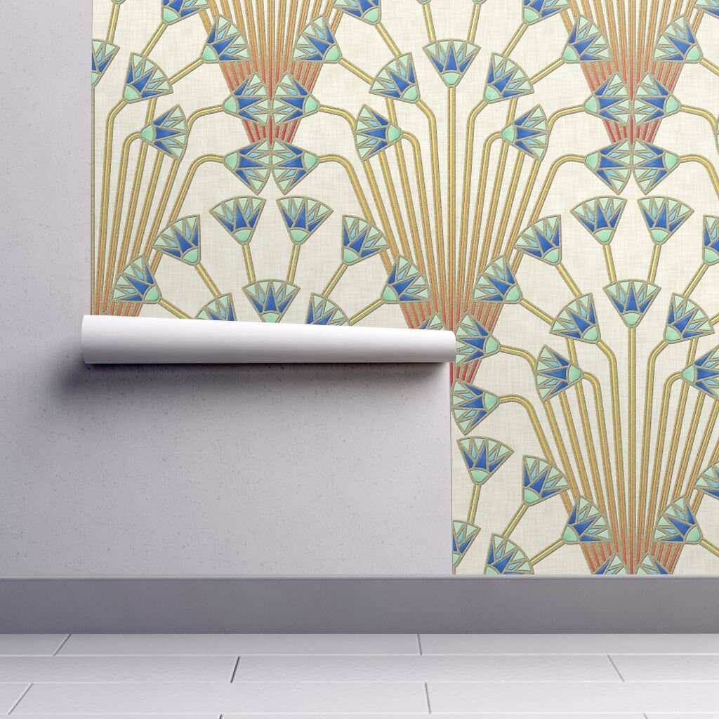 art deco large wallpaper - papyrus flowers light by analinea - art deco  custom printed removable self adhesive wallpaper roll by spoonflower