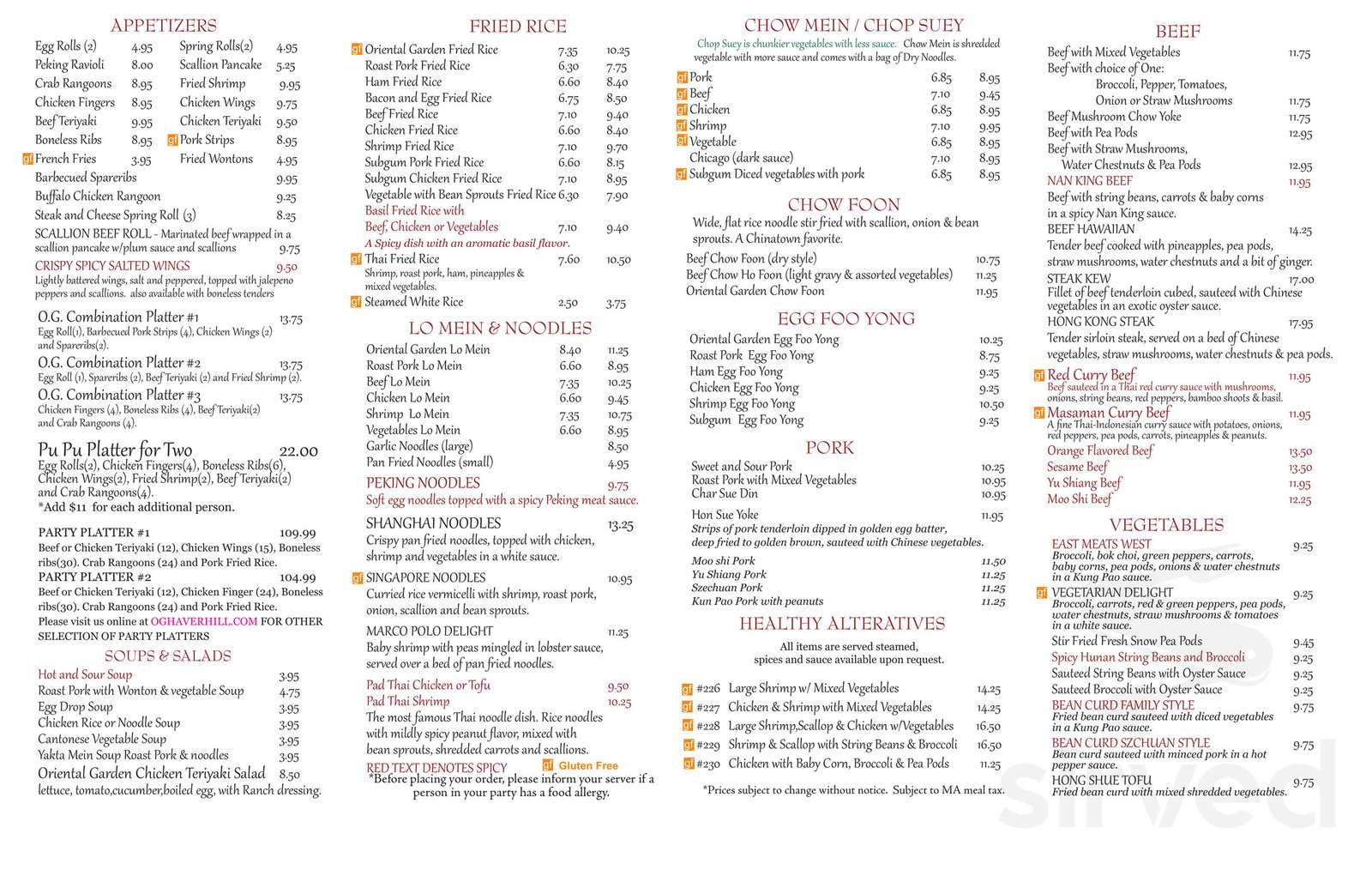 menu for oriental garden in haverhill, massachusetts, usa