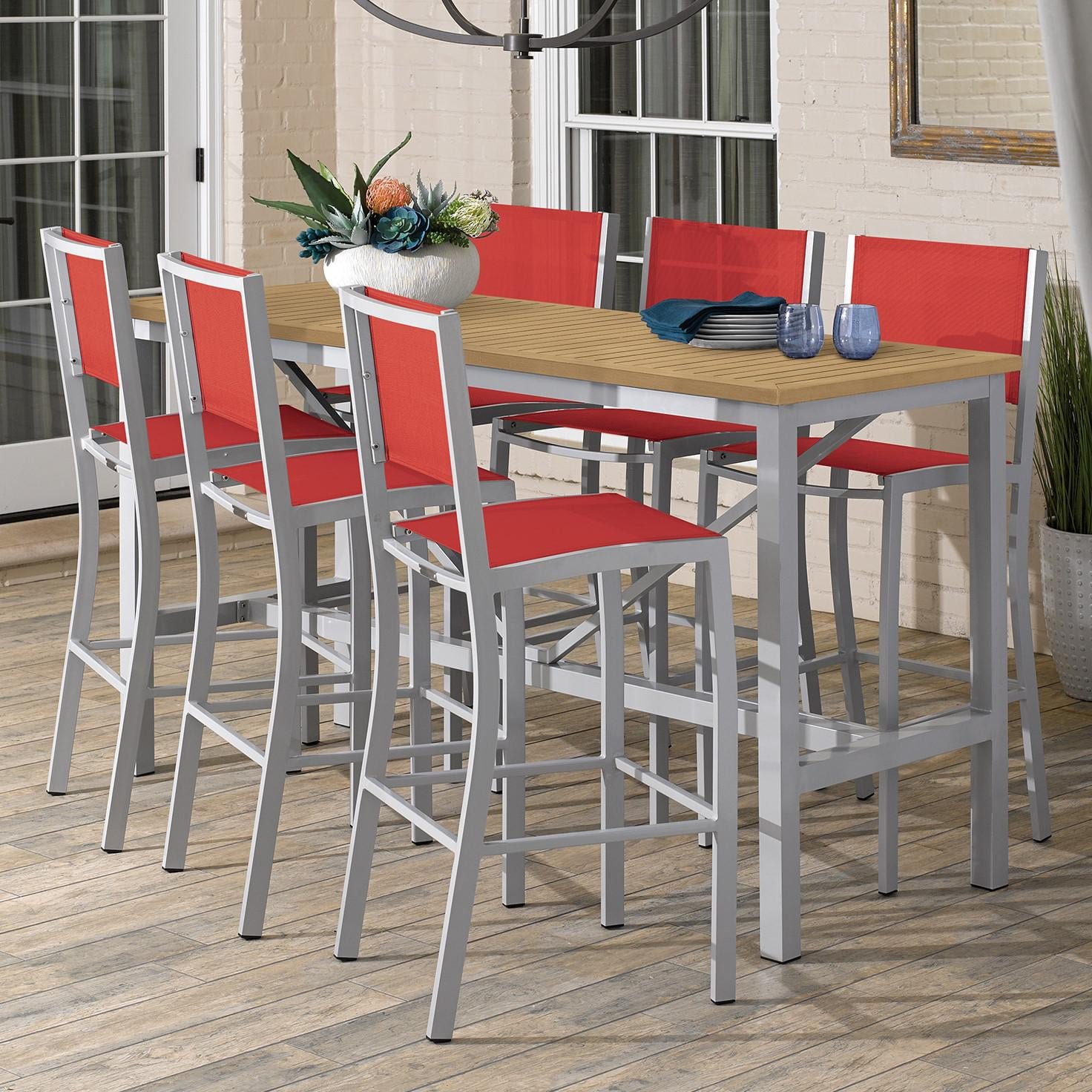 travira 7 piece aluminum patio bar set w/ 72 x 30 inch rectangular