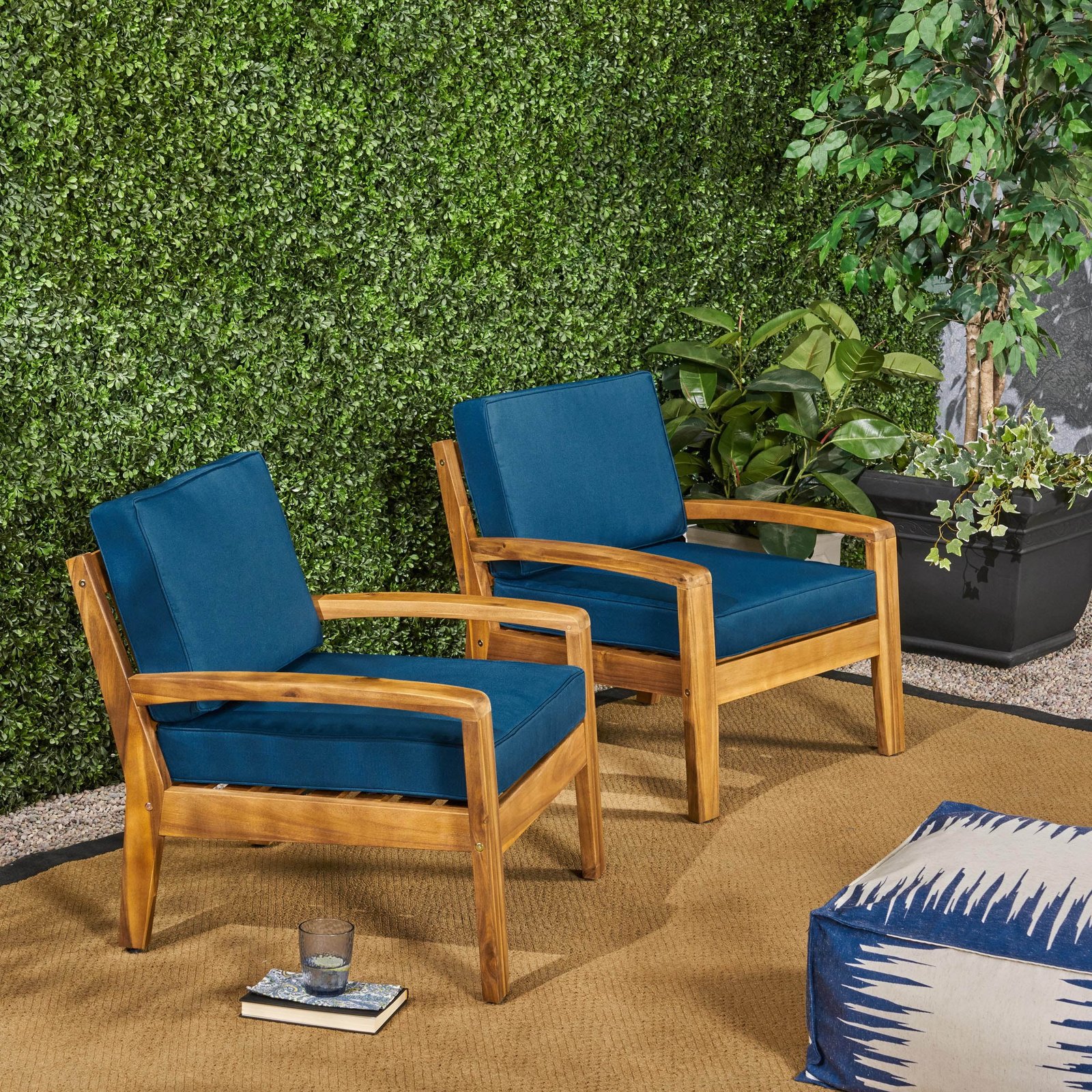 wilcox outdoor acacia wood club chairs with cushions (set of 2), teak