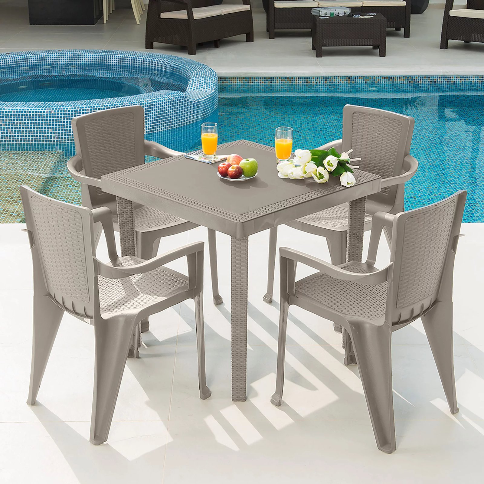 mq infinity pp resin 5-piece outdoor patio table and chairs set, taupe