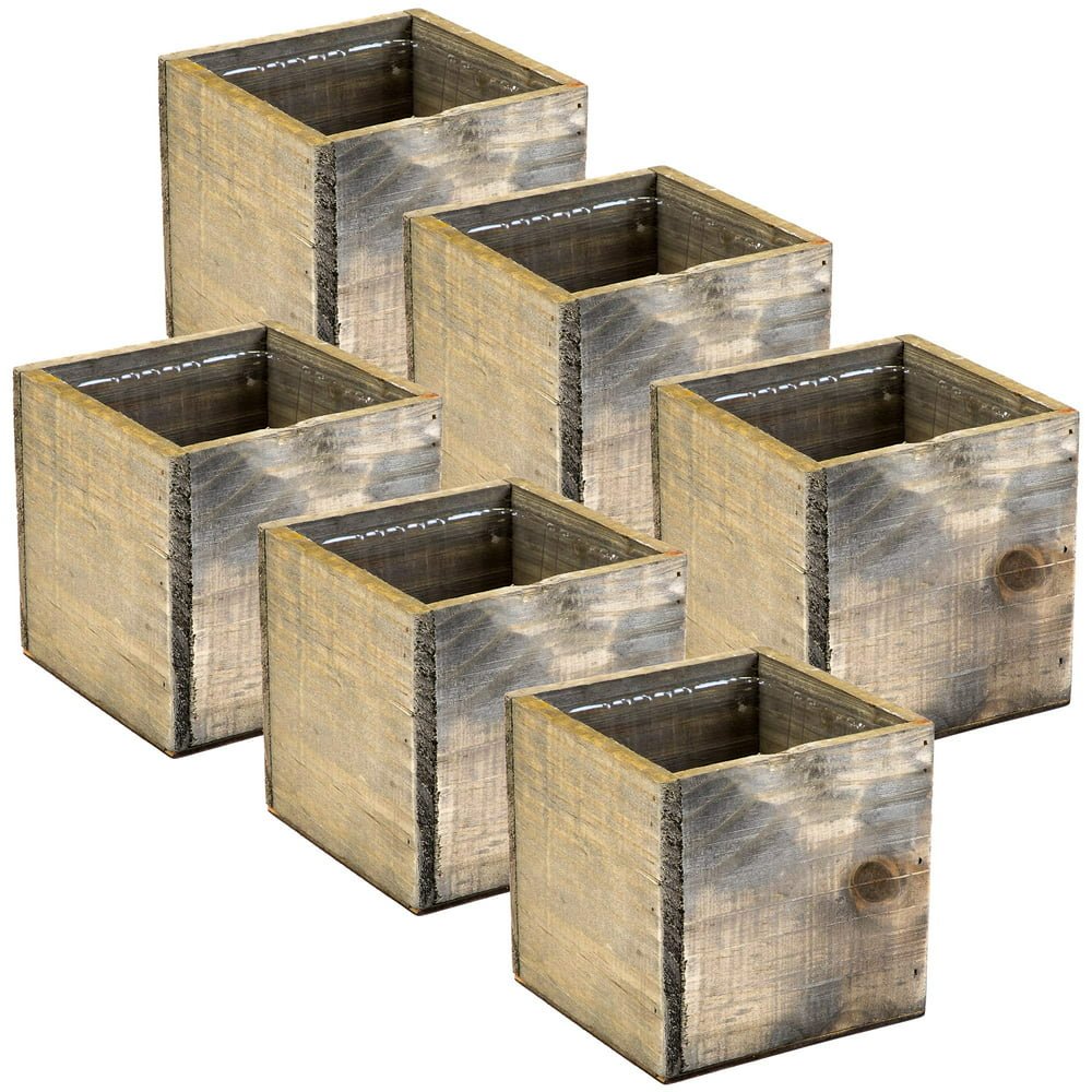 wood planter box 4 inch square, burn wood color, plastic liner, garden