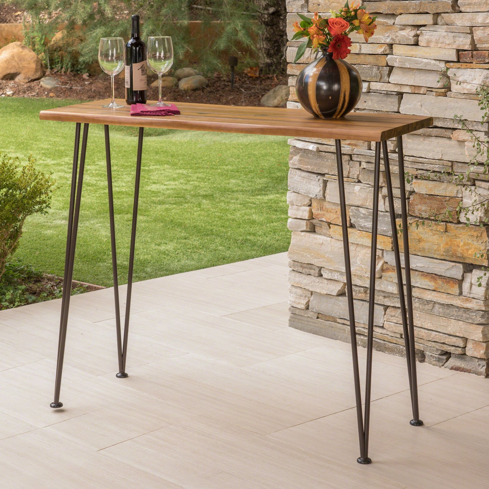 jacob outdoor industrial acacia wood bar table, teak finish - walmart