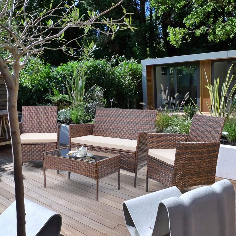 walnew 4 pcs outdoor patio furniture brown pe rattan wicker table and
