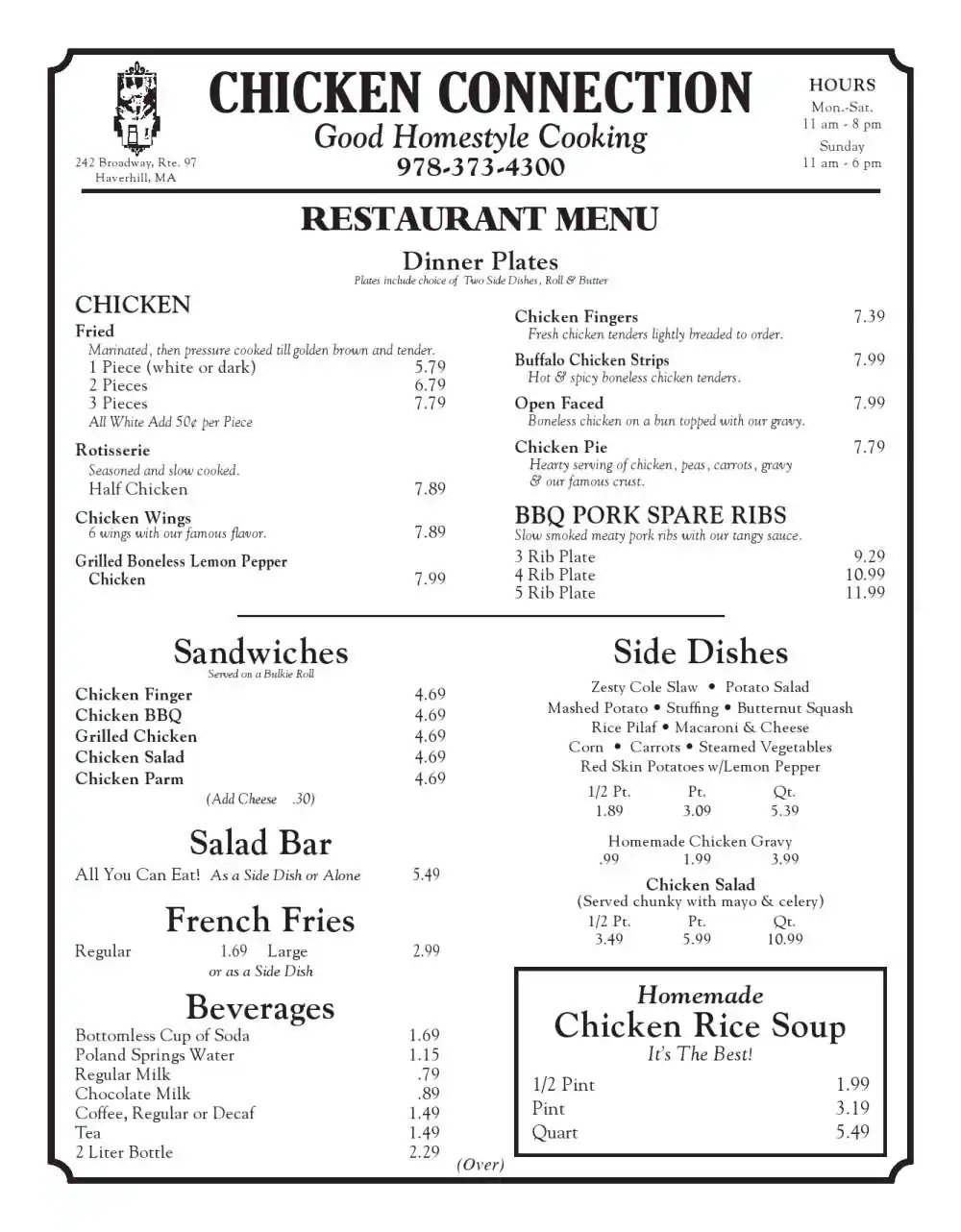 chicken connection menu, menu for chicken connection