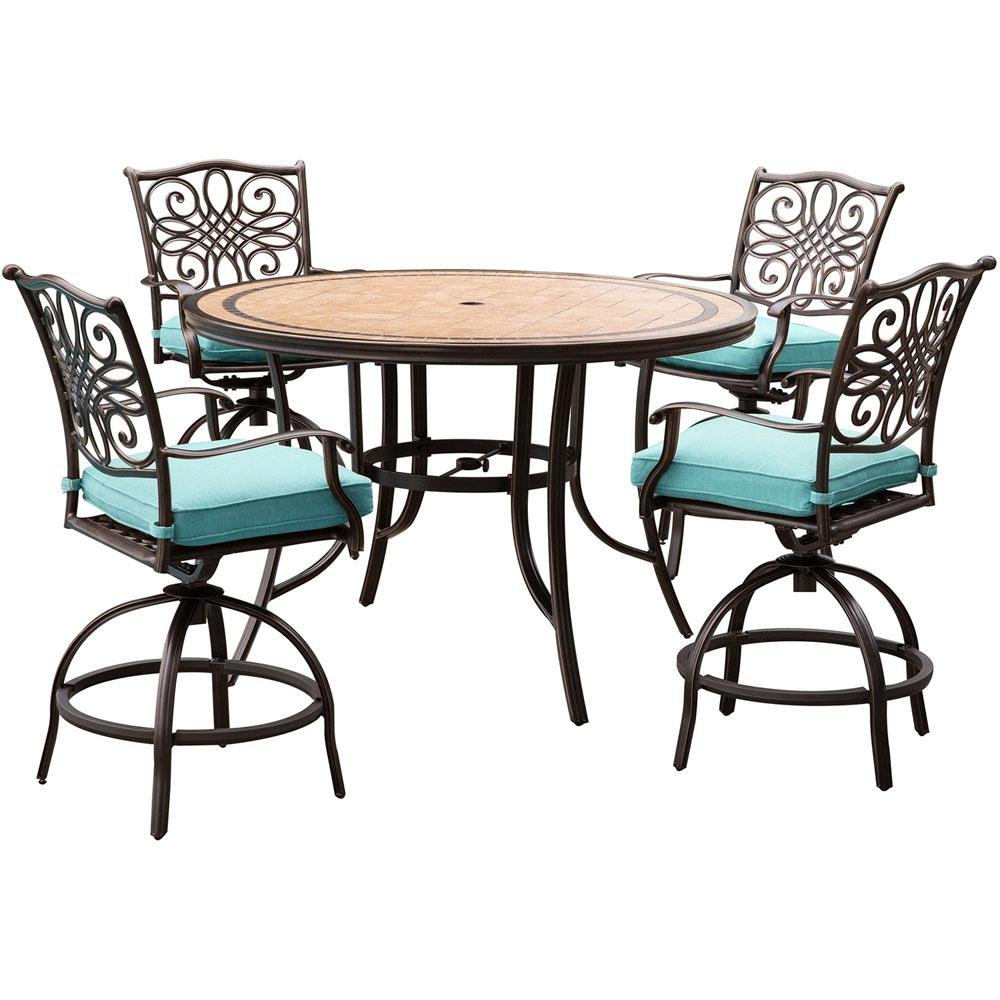 hanover monaco 5-piece outdoor bar-height dining set with round tile