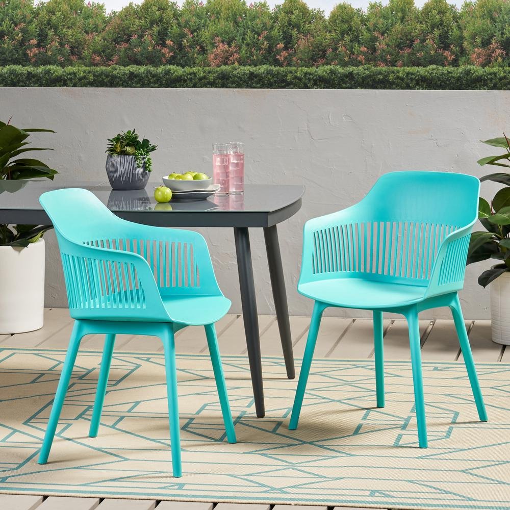 noble house dahlia teal plastic outdoor dining chair (2-pack)-71551