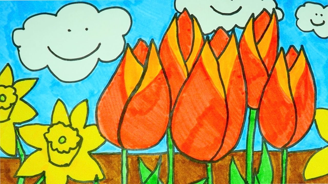 how to draw a flower garden | kids coloring video