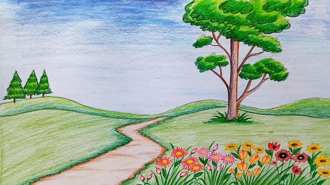 how to draw scenery of flower garden step by step (very easy)