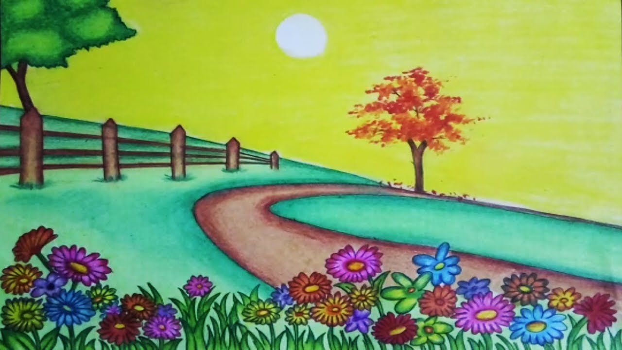 how to draw garden scenery step by step || garden drawing