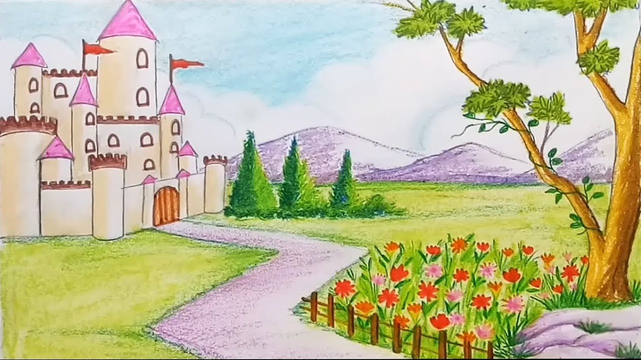 how to draw a scenery of flower garden with castle step by step